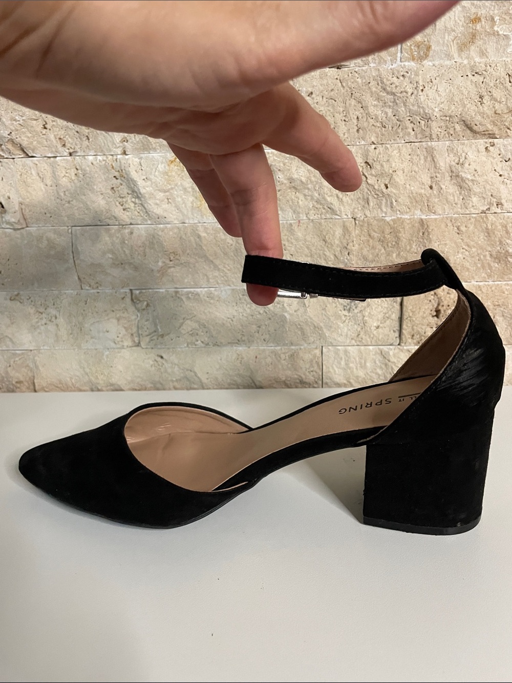 Call It Spring Black Suede D'Orsay Block Heel Pumps with Ankle Strap - Picture 3 of 9